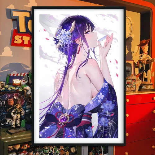 "Premium Baroque-style Genshin Impact Raiden Shogun decorative painting, showcasing an elegant, tipsy Raiden Shogun in soft artistic hues."