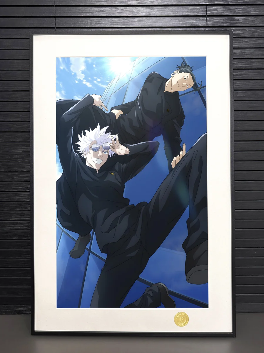 "Premium Gojo Satoru & Geto Suguru Jujutsu Kaisen art print. Limited edition framed giclée, detailed from multiple angles, showcasing dynamic portrait.