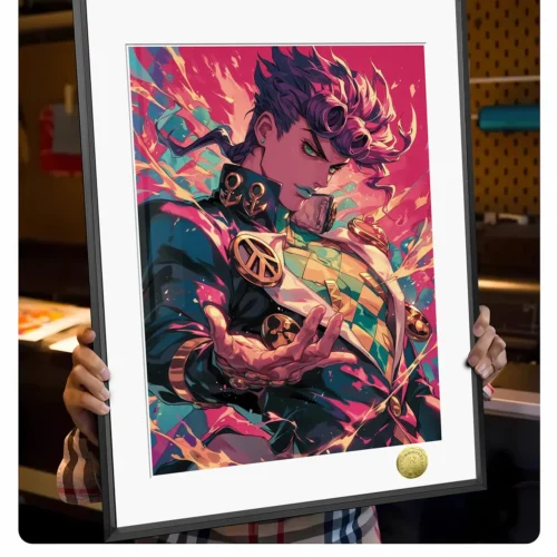 "Dynamic Josuke Higashikata fan art painting from JoJo's Bizarre Adventure, a limited edition premium print featuring a brooding, vibrant portrait."