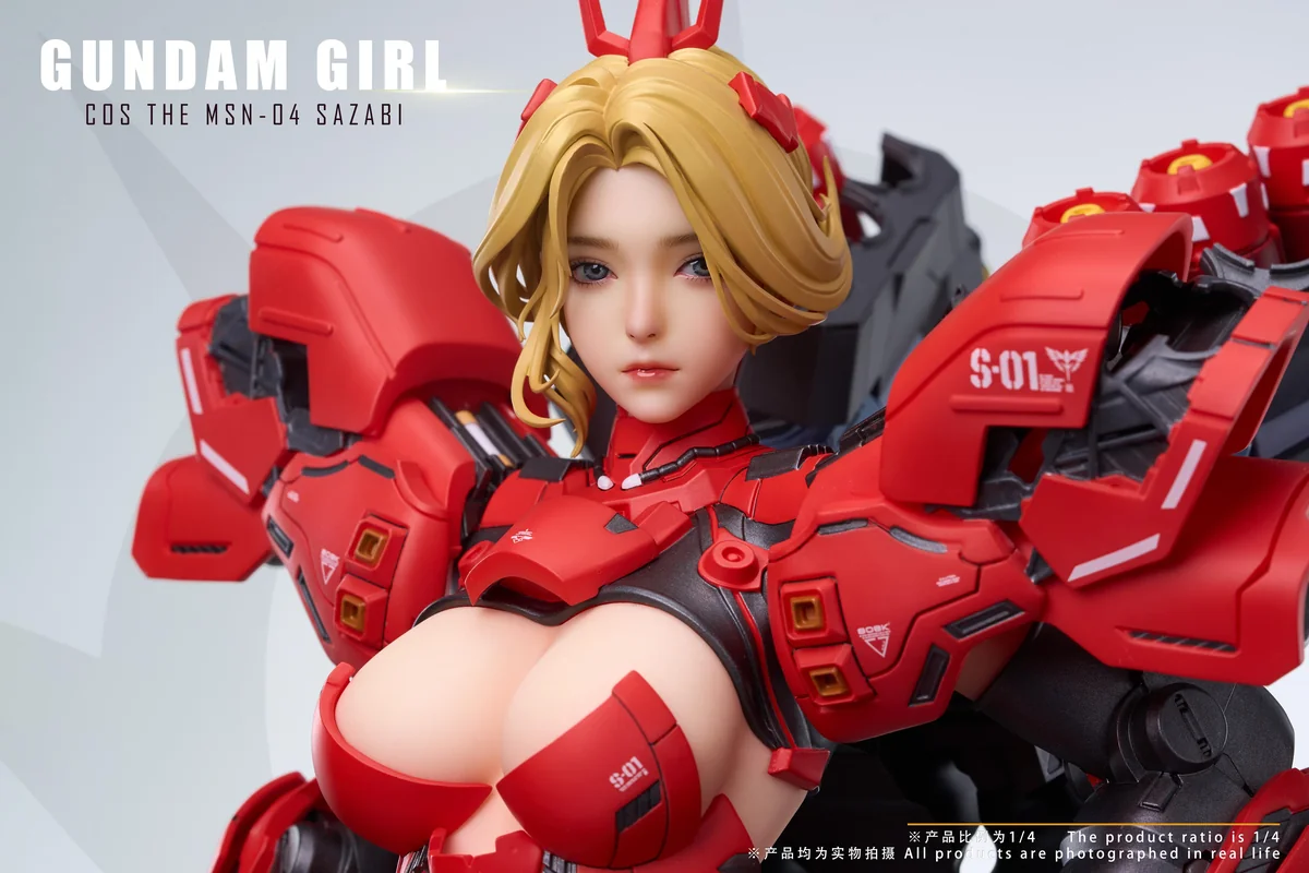 "1/4 Sazabi Mecha Girl JN5.0 Gundam statue close-up, revealing intricate futuristic details, dynamic pose, and glowing UV-reactive decals."