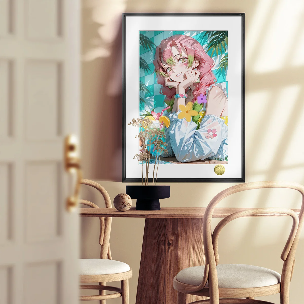 "Vibrant Demon Slayer Mitsuri Art by HuangGua Studio, an exclusive fan art piece depicting Mitsuri with a summer ice drink, showcasing playful anime."