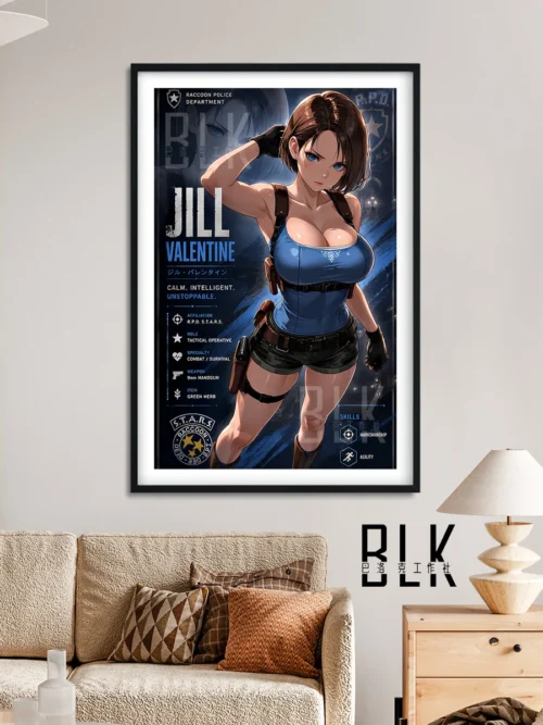 "Jill Valentine Art Print, premium framed. Baroque-inspired Resident Evil artwork by Artistry Studio, rich in detail and atmosphere."