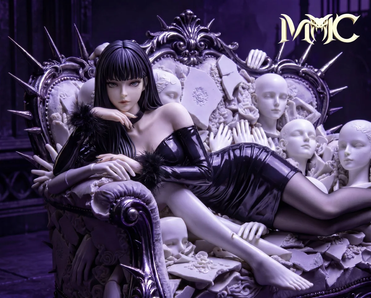 "Limited 1/4 Scale LED Horror Art Tomie Figure views. Gothic throne with fragmented forms, crimson LED, and intricate sculptural details."