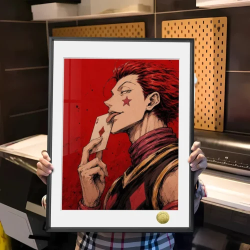 "Limited edition Hisoka 'Trick Card' anime art print from Hunter x Hunter, featuring vibrant, dynamic, and expressive stylized artwork."