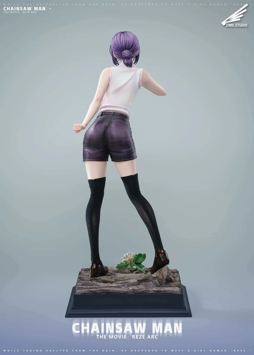 "Detailed 1/4 Reze Chainsaw Man statue from multiple angles, highlighting her explosive pose, intricate sculpting, premium materials, and dual head."