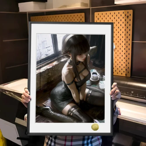 "Elegant A3/4K limited edition Yor Forger fan art decorative painting from Spy x Family, showcasing her dynamic pose for sophisticated home decor."