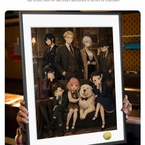 "Vibrant detail of the Forger Family Group Portrait painting, showcasing artistic elements of this exclusive Spy x Family artwork for home decor."