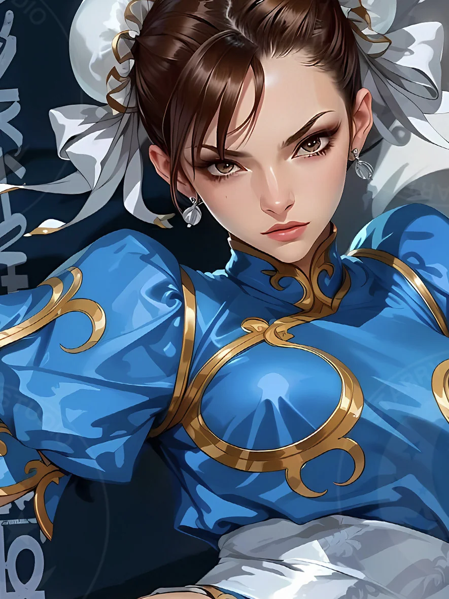 "Chun-Li Dynamic Action decorative painting showcasing intricate details and vibrant cosmic background from multiple angles."