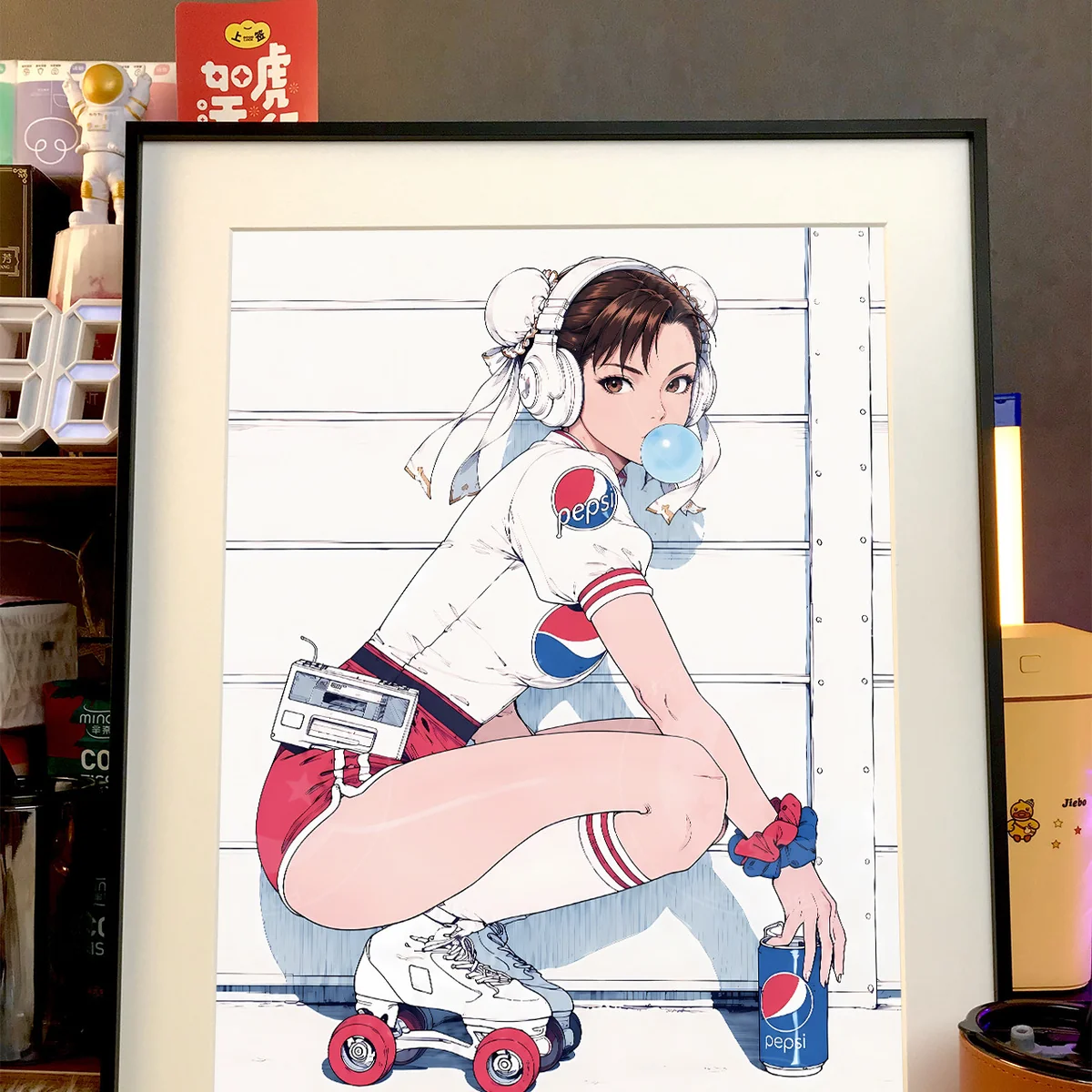 "Exclusive, hand-numbered Cola Chun-Li art print by Xingkong Studio. Multiple angles show dynamic pop-art with cosmic background."