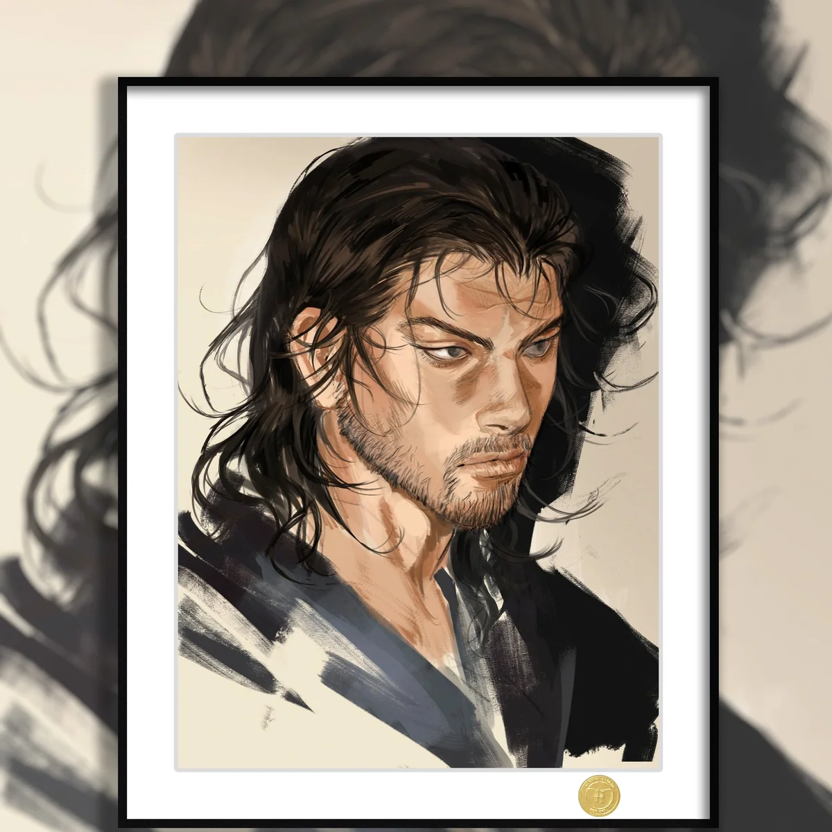 "Premium Limited Edition Vagabond Miyamoto Musashi Art Print, a dynamic framed samurai portrait by H-TWO Studio in iconic manga style."