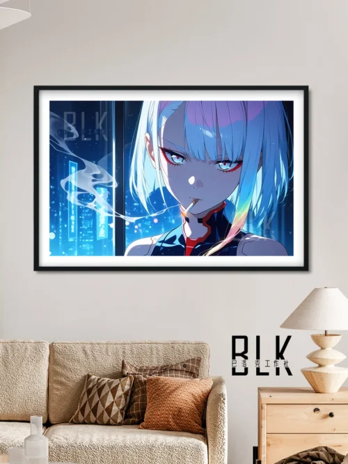 "Close-up views of the iconic Smoking Lucy Cyberpunk Edgerunners painting, highlighting vibrant neon details and artistic depth from various angles."