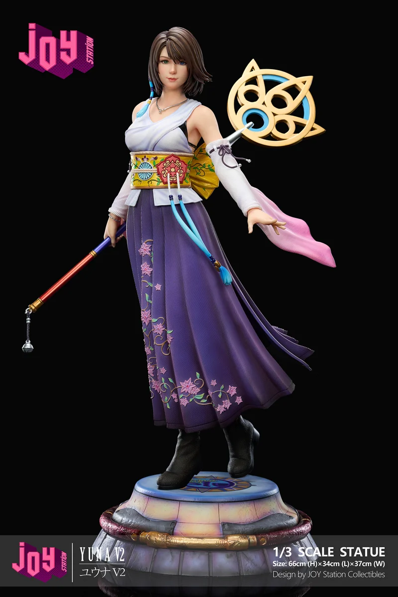 "Premium Final Fantasy X Yuna 2.0 1/4 scale resin statue variant by Joy Station Studio, featuring a dynamic pose and an illuminated small base."