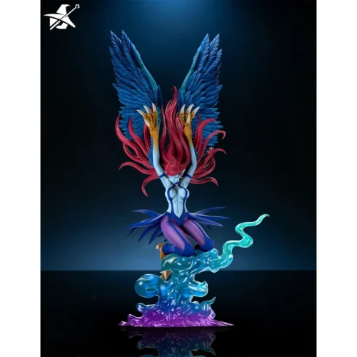 "Dynamic 50cm Harpie Lady Yu-Gi-Oh! polystone statue by Wizard Toys Studio, showcasing intricate details, fierce avian warrior design, and vibrant."