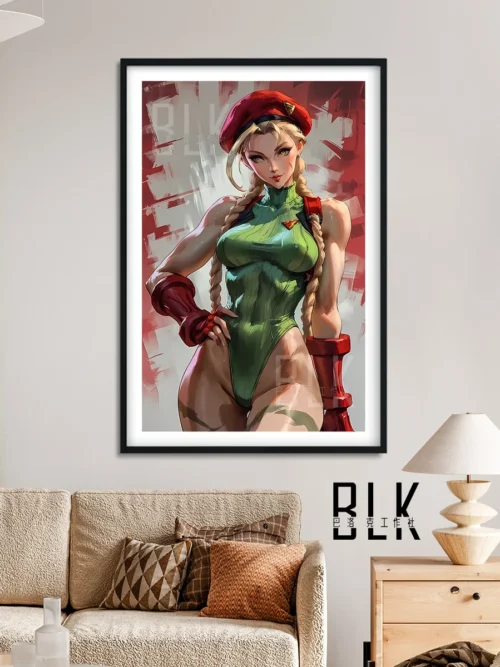 "Close-up of the unique Baroque graffiti Street Fighter Cammy decorative painting, showcasing its vibrant colors and intricate artistic details."