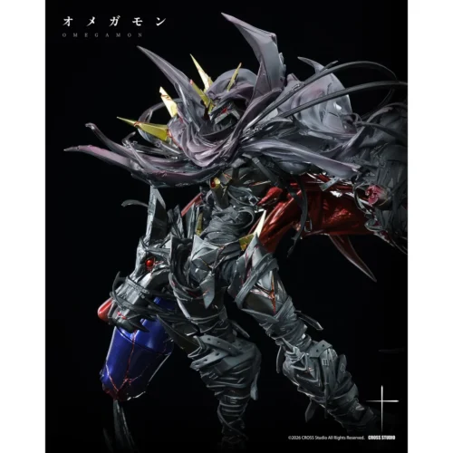 "Omegamon Zwart DEFEAT Digimon resin statue. Premium sculpt, dynamic battle pose, exclusive details, and intricate transparent effects visible."
