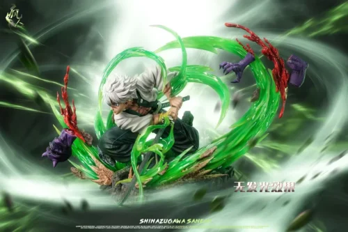 "Dynamic 1/6 Sanemi Shinazugawa Demon Slayer resin statue with glowing LED wind effects. A premium, limited edition collectible figure in an intense."