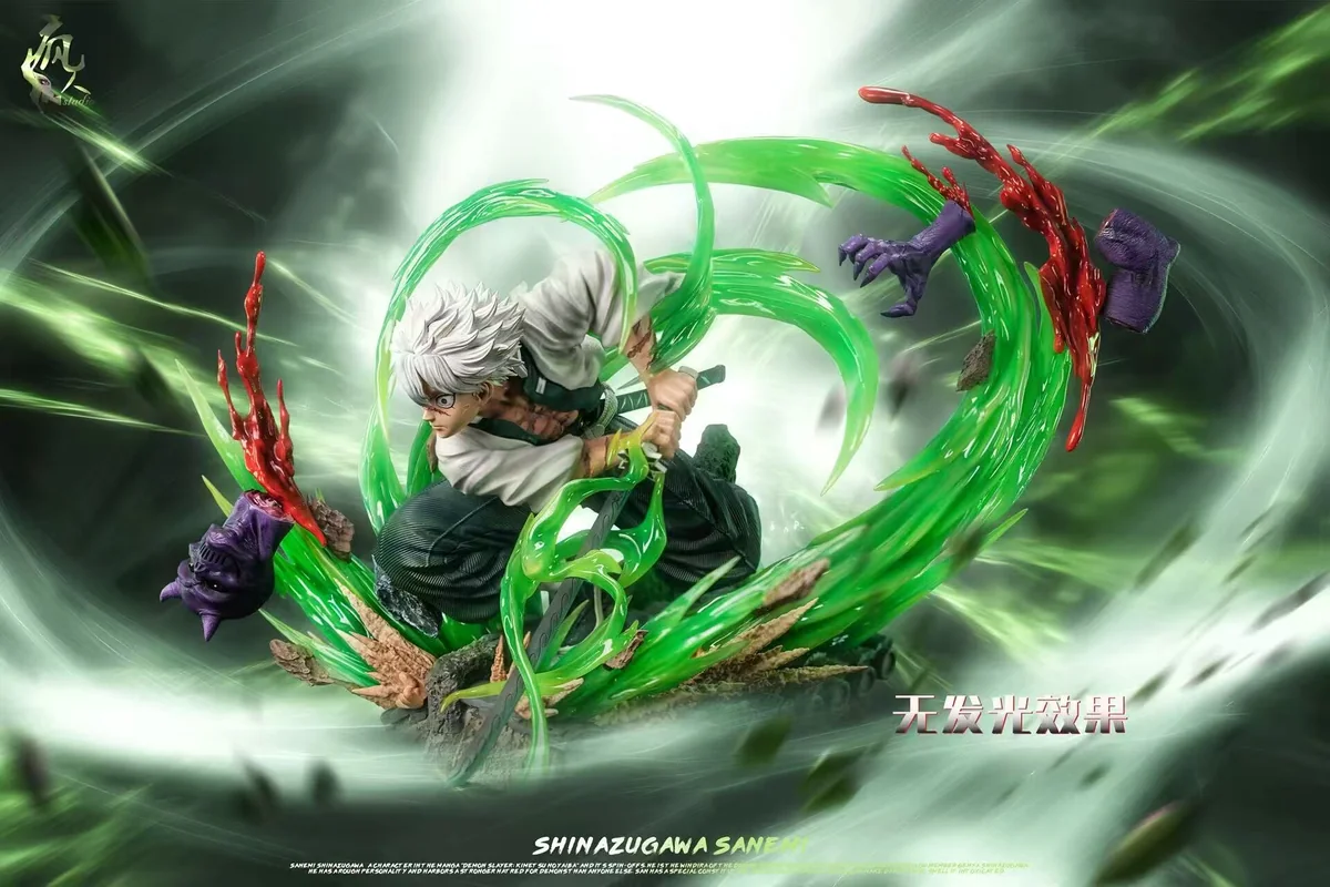 "Dynamic 1/6 Sanemi Shinazugawa Demon Slayer resin statue with glowing LED wind effects. A premium, limited edition collectible figure in an intense."