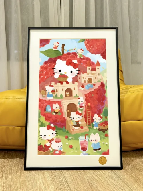 "Stunning premium limited edition Hello Kitty art print with a dreamy starry sky and lychee motif, showcasing exquisite quality."