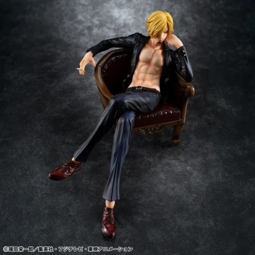 "One Piece Sanji POP SOC MegaHouse statue gallery. View exquisite details of Sanji's relaxed pose on the sofa, showcased from various angles."