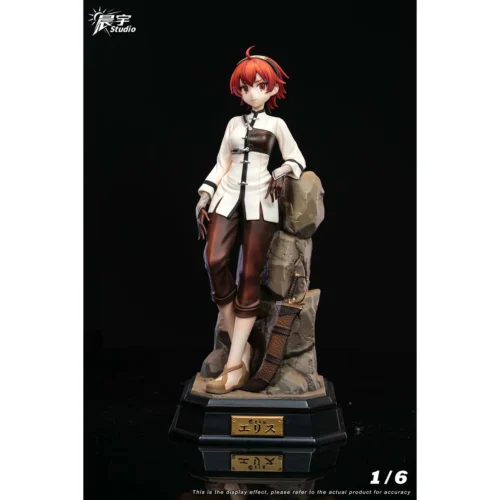 "Exclusive 1/6 Eris Greyrat Mushoku Tensei figure. Dynamic Sword King pose, removable cloak, intricate details, multiple angles."