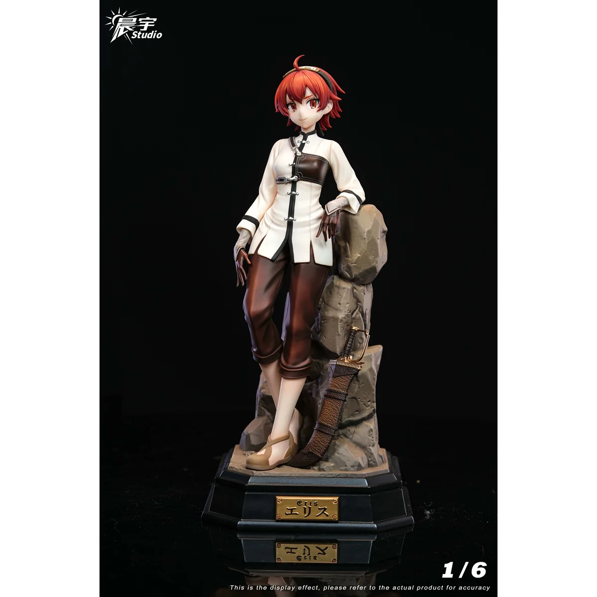 "Exclusive 1/6 Eris Greyrat Mushoku Tensei figure. Dynamic Sword King pose, removable cloak, intricate details, multiple angles."