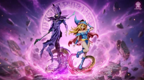 "Limited edition Dark Magician Girl Yu-Gi-Oh! statue. Dynamic spellcasting, vibrant magical effects, and intricate sculpt details from varied angles."
