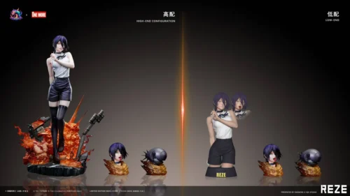 "Captivating Reze from Chainsaw Man resin statue, featuring her explosive action pose and vibrant integrated LED lighting for a dynamic display."