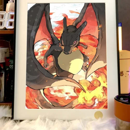 "Limited edition, premium framed Shiny Charizard Pokémon 30th Anniversary painting. Vibrant cosmic street art style details."