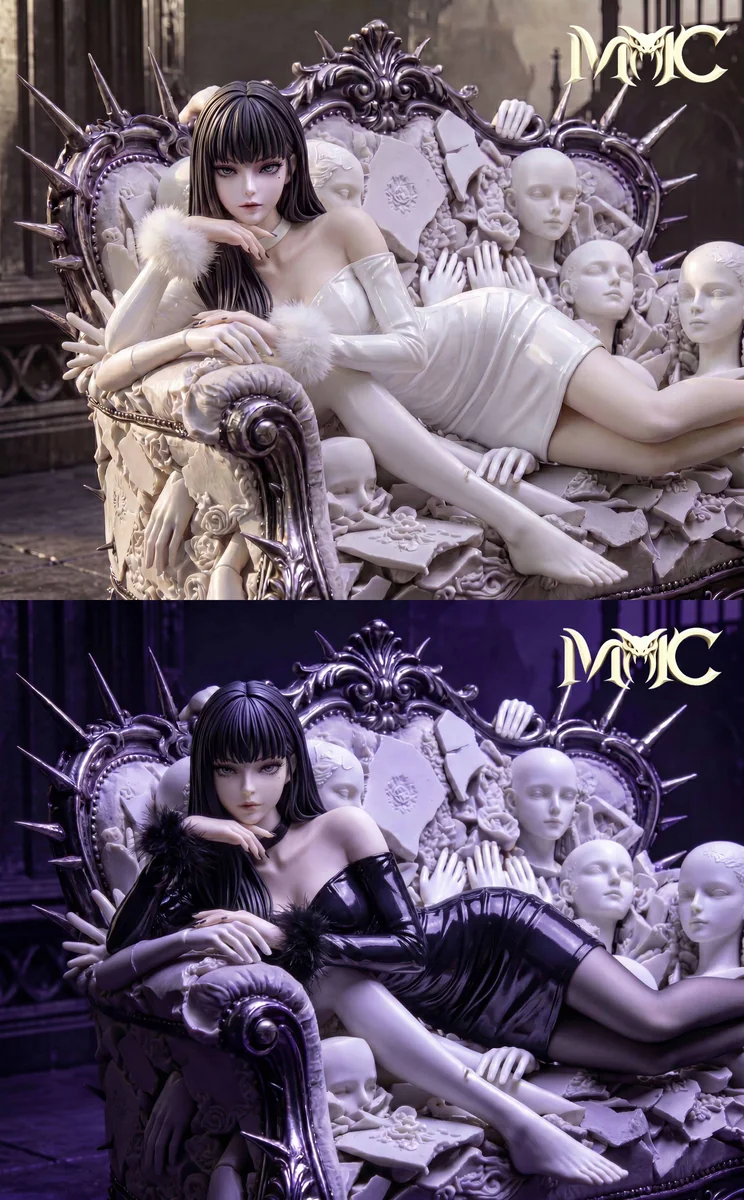 "Limited 1/4 scale Junji Ito Tomie figure, an LED horror art statue on a dark gothic autophagic throne bathed in crimson light."