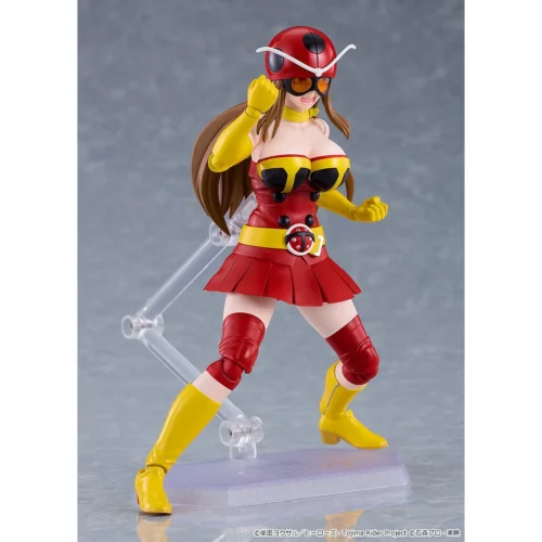 "Poseable Yuriko Okada (Kamen Rider Tackle) figma, vibrant details from various angles, showcasing dynamic tokusatsu poses."