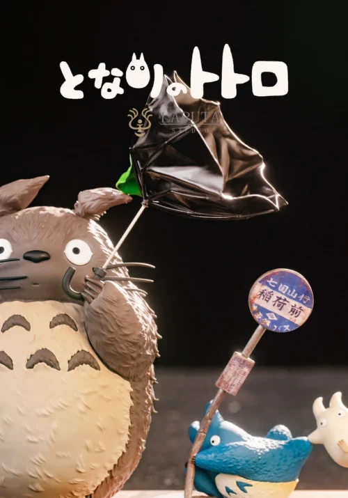 "Artistic Totoro: Wind Advisory resin statue by LAPUTA-studio, showcasing whimsical wind-swept characters on its elegant premium wood base."