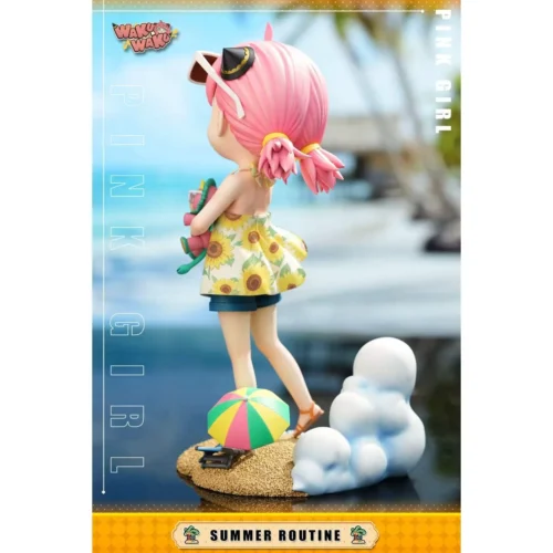 "Exclusive Anya Forger Summer Series resin statue by WAKUWAKU Studio, showcasing playful beach day details from multiple angles for Spy x Family fans."