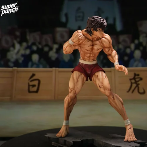 "Limited 1/6 & 1/4 Baki Hanma statue by SuperPunch Studio. Dynamic 'Demon Back' pose, varied details."