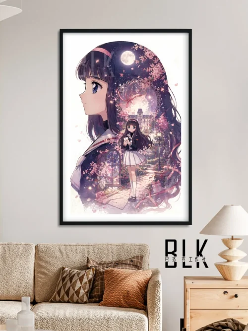 "Elegant Cardcaptor Sakura painting of Tomoyo Daidouji's silhouette, intricately framed with ornate Baroque floral patterns, showcasing its artistic."