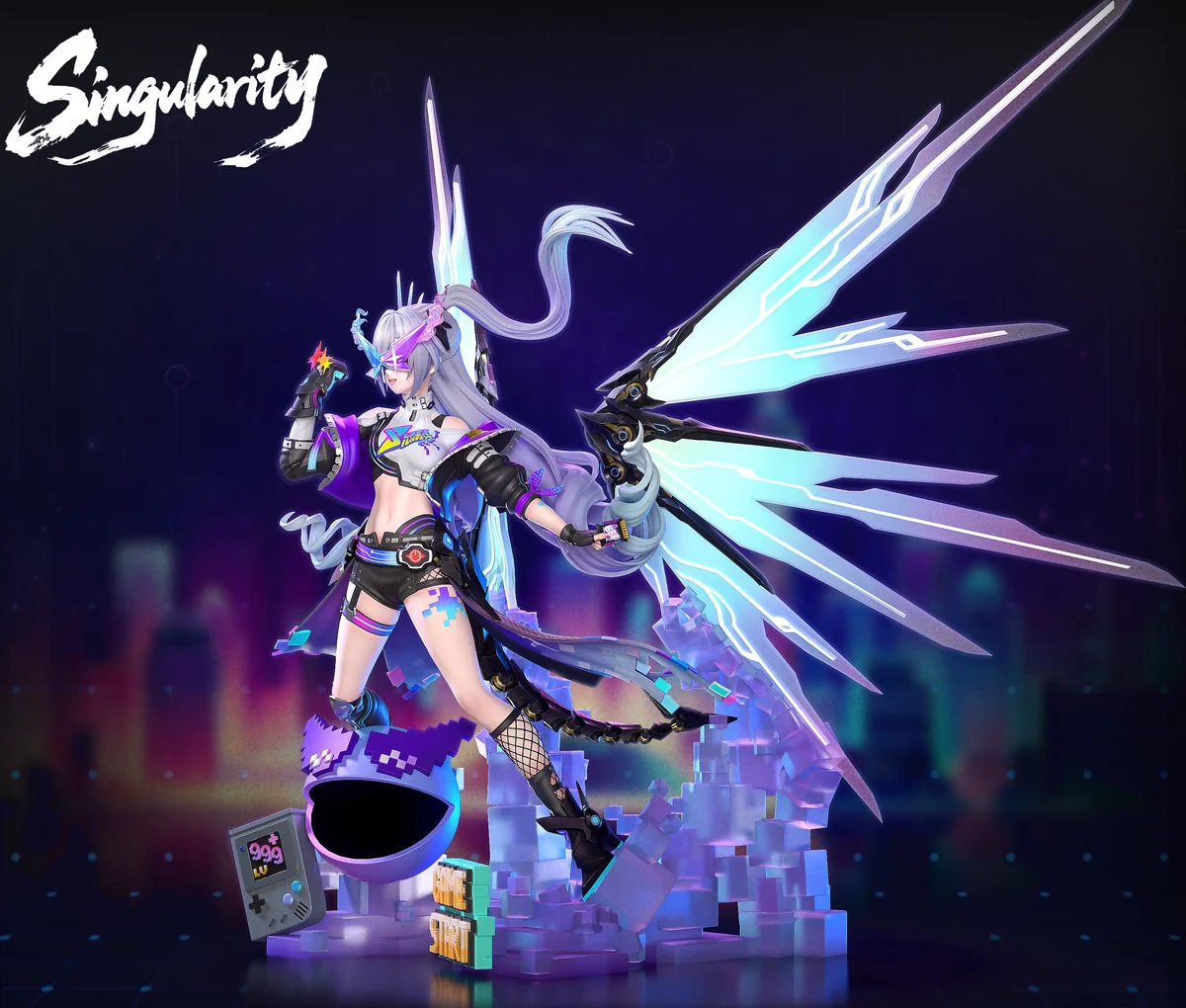 "1/6 Silver Wolf Honkai: Star Rail resin statue, showcasing intricate cyberpunk details, glowing LED wings, and sculpture from various angles."
