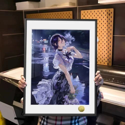"Limited edition Chainsaw Man Reze art print featuring a melancholic Reze walking in a rainy, reflective urban setting, evoking deep emotion."