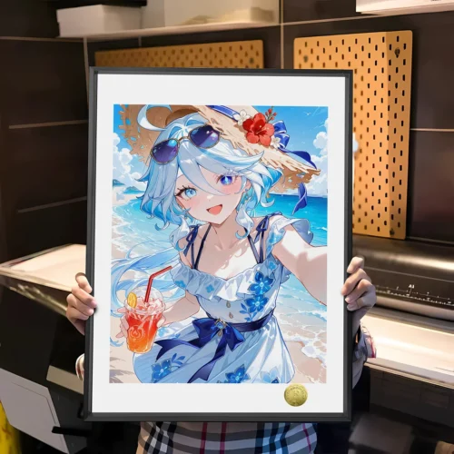 "Exclusive Genshin Impact Furina fan art decorative painting showcasing Furina serenely enjoying a vibrant summer beach day."