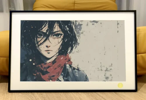"Limited Edition Attack on Titan art print: Melancholic Mikasa Ackerman in dramatic ruins under a starry sky. Collector-grade."