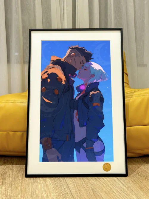Premium hand-numbered limited edition Cyberpunk Edgerunners art print showcasing iconic Lucy and David under a detailed, atmospheric starry sky.