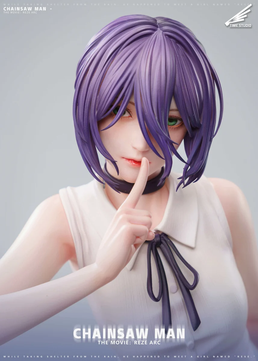 "Premium 1/4 Reze Chainsaw Man statue by Time Studio, revealing intricate details of her explosive pose, destructive power, and one of the dual heads."