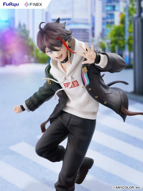 "Dynamic 1/7 Saegusa Akina Nijisanji VTuber statue, captured mid-performance. View intricate sculpt details from various angles, highlighting vibrant."