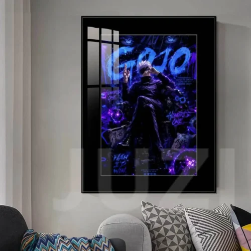 "Vibrant Gojo Satoru Graffiti Style Throne painting. Fade-resistant Jujutsu Kaisen art print details highlight dynamic street art and artistic texture."