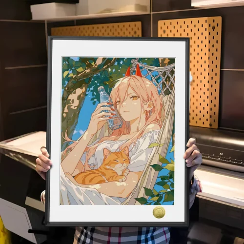 "Exclusive limited edition Chainsaw Man Power fan art painting, vibrant and serene, featuring Power enjoying a summer setting with playful cats."