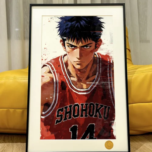 "Stunning limited edition framed Mitsui Hisashi Slam Dunk anime art print, showcasing his dynamic pose amidst a vibrant, illustrative starry sky."