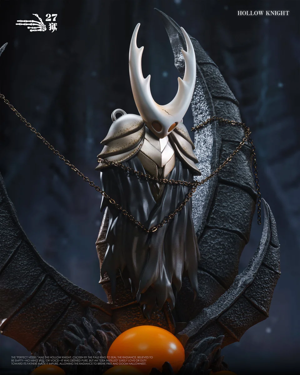 "Hollow Knight Sealed Vessel & Little Knight LED figure. Intricate details, atmospheric glow from multiple angles, capturing its dark fantasy style."