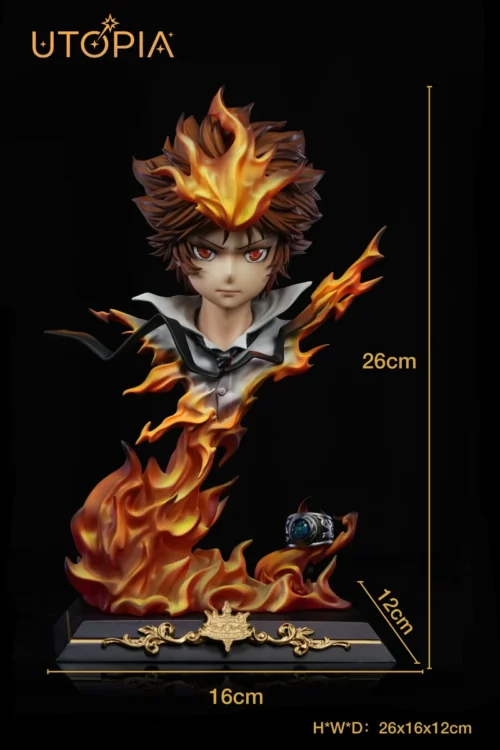 "Dynamic Sawada Tsunayoshi bust statue in Hyper Dying Will Mode, showcasing the luminous, magnetic-induction Vongola Sky Flame for an ethereal glow."