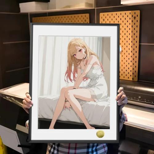 "Limited edition Marin Kitagawa art painting featuring her charming, shy expression in vibrant anime style from My Dress-Up Darling."