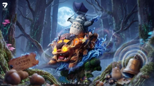 "Limited Edition Totoro Whimsical Flight Diorama Statue with LED. Catbus and Totoros soar over an illuminated house, capturing Ghibli's enchanting."