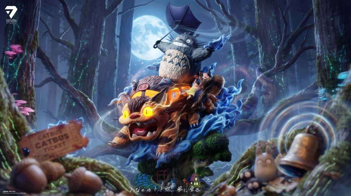 "Limited Edition Totoro Whimsical Flight Diorama Statue with LED. Catbus and Totoros soar over an illuminated house, capturing Ghibli's enchanting."