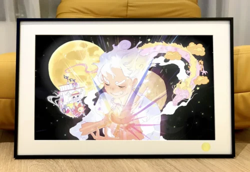 "Dynamic Gear 5 Luffy & Crew 'Fly Dragon Nika' One Piece Print in a vibrant cosmic sky. A premium, limited edition collectible art piece."